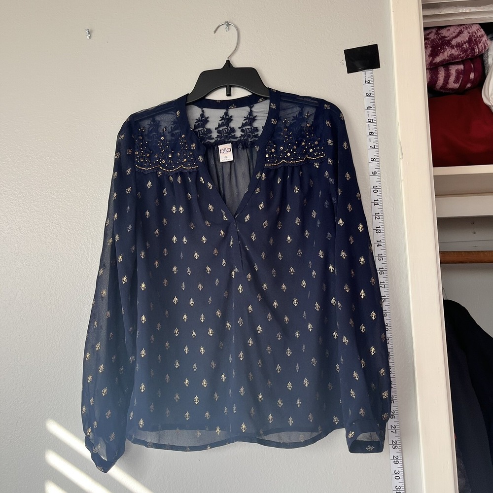 BILA Indian‎ Luxurious Blue Sheer Long Sleeve Blouse Beaded Sequins